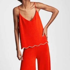 Zara Red Knit Scallop Lettuce Hem Tank Top